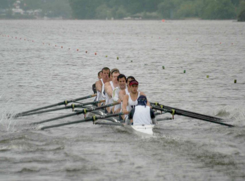 The IRA national champion varsity four, with the trophy, left to right Bob 